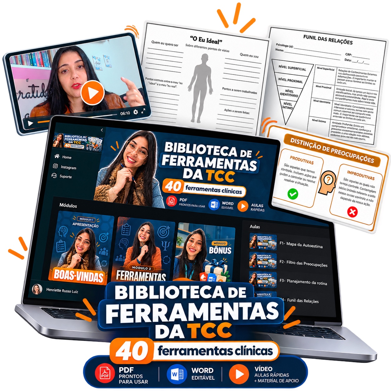 Biblioteca de Ferramentas da TCC com 40 ferramentas clínicas, materiais em PDF, Word editável e aulas rápidas